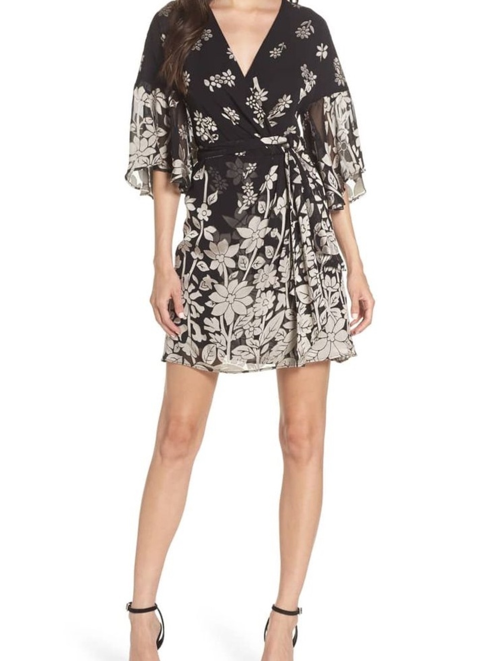 French Connection Black and Cream Floral Wrap Mini Dress